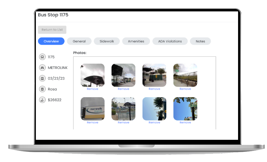 Click on market to see bus stop photos, inventory, ADA violations and notes